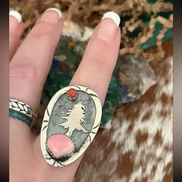Pink conch coral tree country theme southwestern sterling silver ring